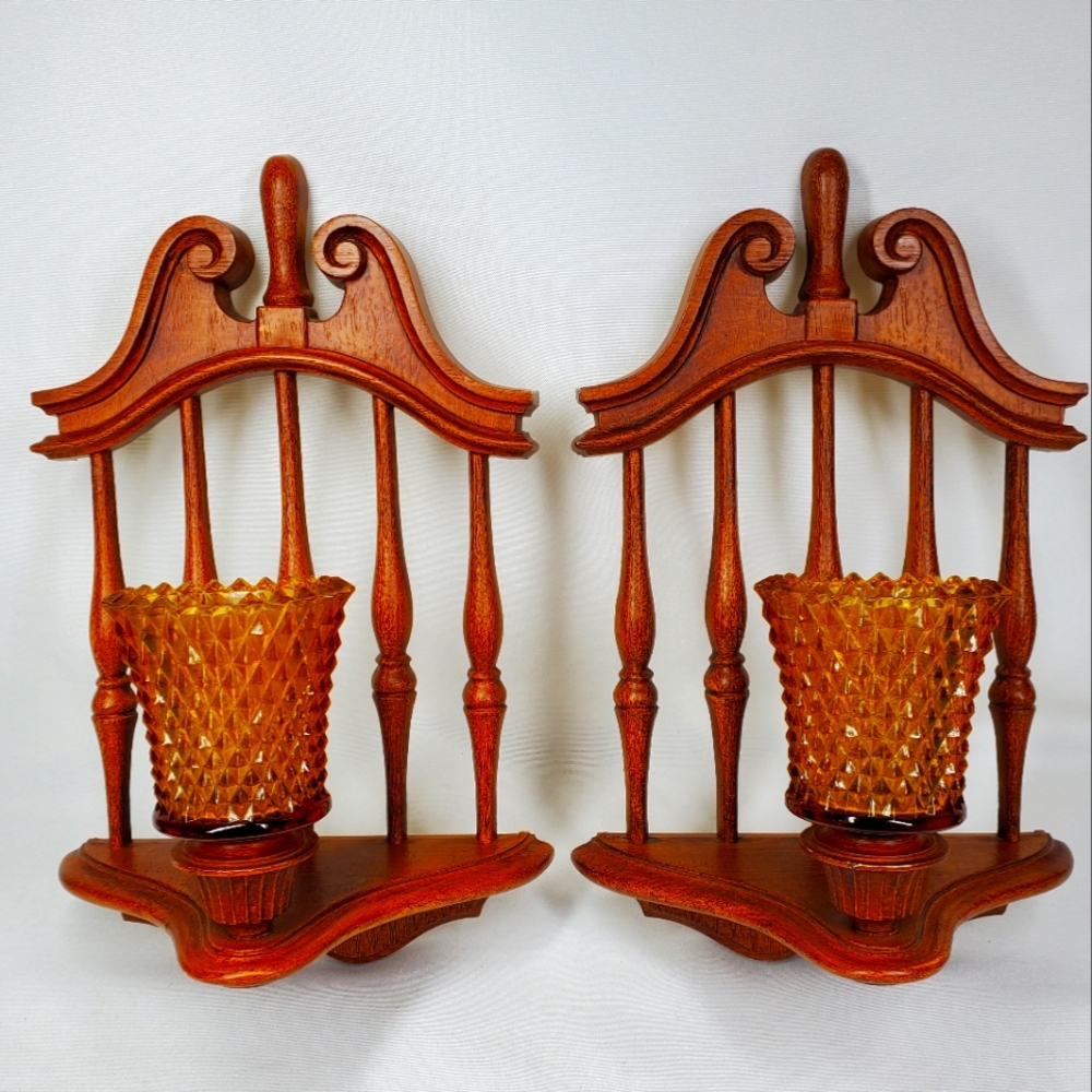 2 Vintage Mid Century 1974 Homco Candle Wall Sconces Amber Diamond Glass Votive.